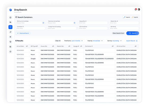 DraySearch shipment intelligence table and filters